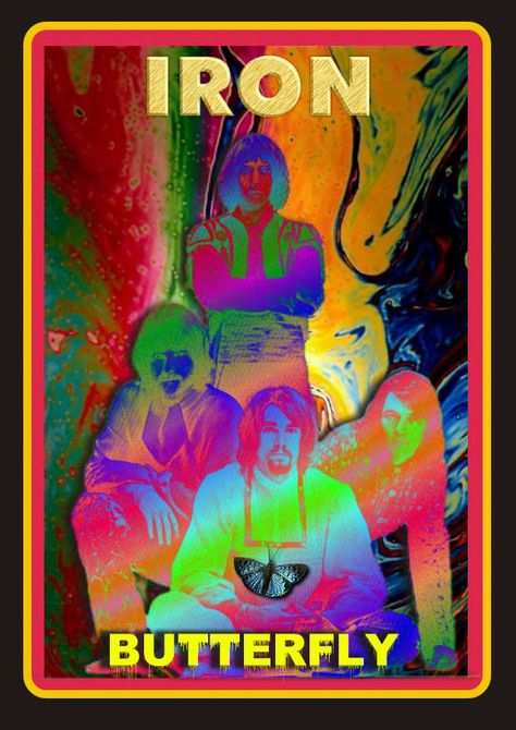 Iron Butterfly Groovy Music, Butterfly Book, Iron Butterfly, Concert Poster Art, Rock N Roll Art, Butterfly Books, Music Concert Posters, Black Light Posters, Butterfly Poster