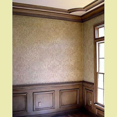 Stencil Roller Wall, Wood Floor Designs Pattern, Stenciled Walls, Interior Painting Ideas, Damask Wall Stencils, Damask Wall, Wainscoting Styles, Finish Work, Damask Stencil