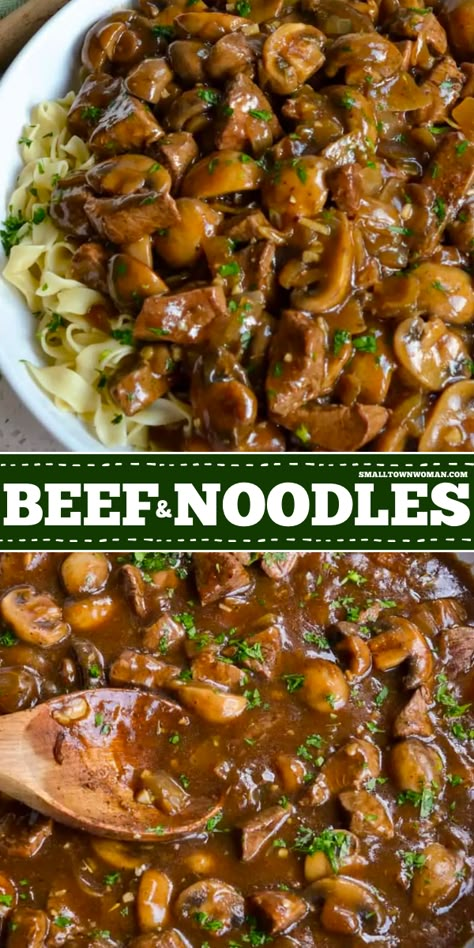 Learn how to make homemade beef and noodles recipe for your list of weeknight dinners for family! This easy no-canned soup recipe is made with mushrooms, onions, garlic, and gravy and is done from start to finish in less than 35 minutes. It's the best! Easy Dinner For Small Family, Cooking For Company, Dinner Recipes For Family Fall, Canned Beef Recipes Dinners, Beef Recipes For Dinner Main Dishes, Homemade Beef And Noodles, Stew Beef Recipes, Recipe With Onions, Beef And Noodles Recipe