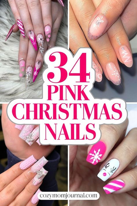 Collage of pink Christmas-themed nail designs with snowflakes and reindeer accents. Christmas Nails Sweater Pattern Pink, Festive Winter Nails, Hot Pink Holiday Nails, Pink And Black Christmas Nails, Pink And Silver Christmas Nails, Red And Pink Christmas Nails, Tropical Christmas Nails, Hot Pink Christmas Nails, Pink And Red Christmas Nails