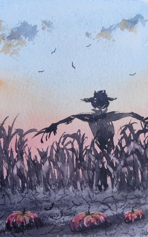 Autumn Field, Creepy Paintings, Colorful Art Projects, Scary Scarecrow, Plein Air Watercolor, Halloween Watercolor, Autumn Sky, Creepy Pumpkin, Watercolor Pumpkins