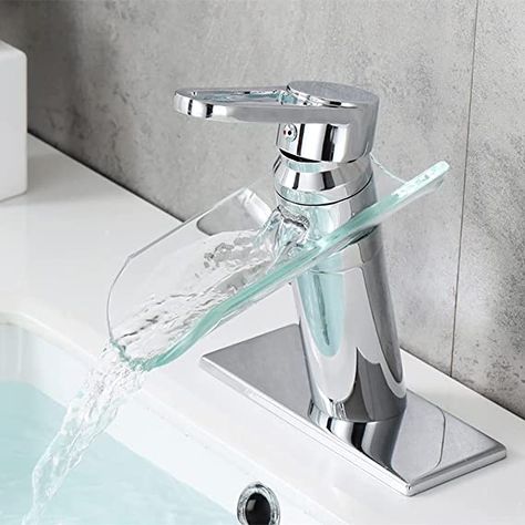 WINDALY Waterfall Bathroom Faucet, Single Hole Glass Spout Bathroom Faucet, Single Handle Solid Brass Bathroom Vanity Faucet with Deck Plate, Chrome - - Amazon.com Waterfall Taps, Glass Waterfall, Bathroom Soap Holder, Waterfall Bathroom, Bathroom Faucets Waterfall, Basin Sink Bathroom, Faucet Design, Waterfall Faucet, Vanity Faucet