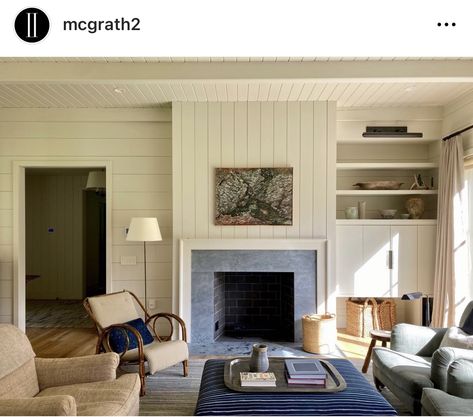 Shiplap Fireplace Living Room, Shiplap Ceiling Living Room, Living Room Lake House, Modern Shiplap Fireplace, Ceiling Shiplap, Modern Shiplap, Square Ottomans, Mcgrath Ii, Mismatched Furniture