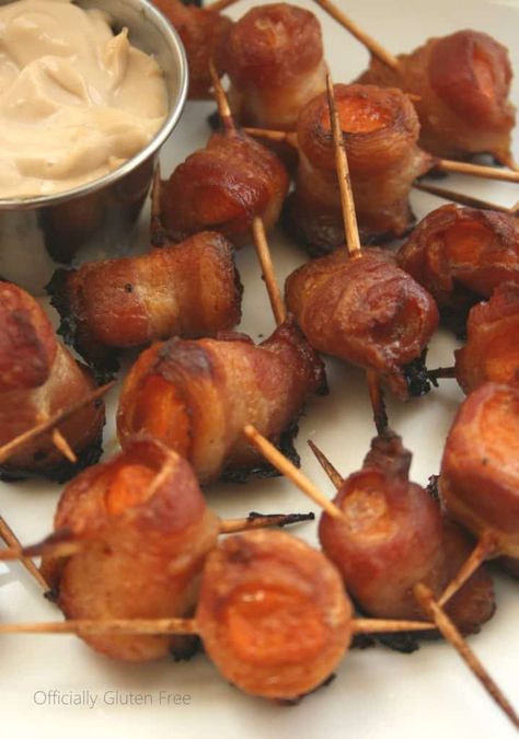 Bacon Wrapped Sweet Potatoes | Gluten Free Bacon Appetizer Bacon Wrapped Sweet Potato Bites, Bacon Buffet, Balsamic Dip, Christmas Snacks Savory, Recipes With Bacon, Fall Apps, Bacon Wrapped Appetizers, Sweet Appetizer, Bacon Appetizers