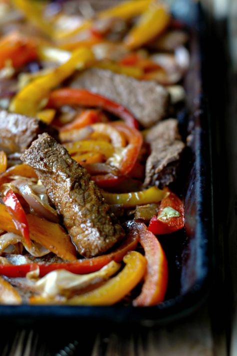 Raising Generation Nourished Sheet Pan Steak Fajitas, Sheet Pan Steak, Sheet Pan Fajitas, Pan Fajitas, Easy Steak Fajitas, Pan Steak, Sheet Pans, Marinated Steak, Healthy Menu