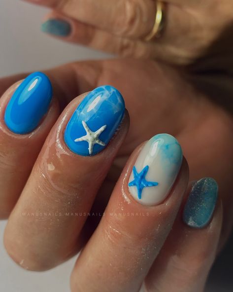 Summer set🌊⭐️💙 #nailart #starfishnails #seanails Nails Beach Vibes, Sea Creature Nails, Under The Sea Nails, Fish Nails, Sea Nails, Summer Set, Beach Nails, Nail Art, Nails