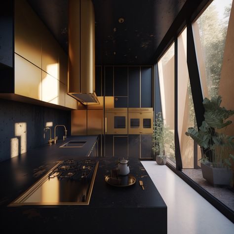 Matte black kitchen with golden accents #home #kitchenideas #kitchenrenovation Black And Gold Modern Kitchen, Black And Golden Kitchen, Kirchen Design, Hacks For Small Spaces, Gold Interior Design, Black And Gold Kitchen, Black And Gold Accents, Glamorous Kitchen, 80s House