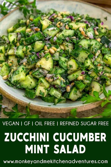 Bursting with freshness and flavor, this Lebanese-inspired Zucchini Cucumber Mint Salad is a true summer sensation. #wholefoodplantbased #vegan #oilfree #glutenfree #plantbased | monkeyandmekitchenadventures.com Plant Based Foods List, Cucumber Mint Salad, Monkey And Me Kitchen Adventures, Monkey And Me, Plantbased Recipes, Zucchini Salad, Mint Salad, Plant Based Diet Recipes, True Summer