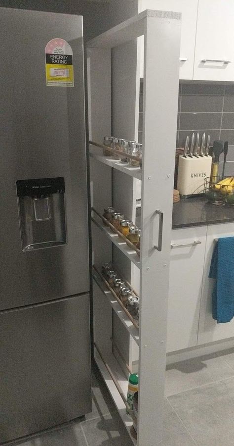 Slimline pull-out spice rack Pull Out Spice Rack Cabinet, Spice Rack Cabinet Pull Out, Spice Rack On Wheels, Spice Rack Cabinet, Pull Out Spice Rack, List Of Tools, Small Cabinet, Clever Storage Solutions, Clever Storage