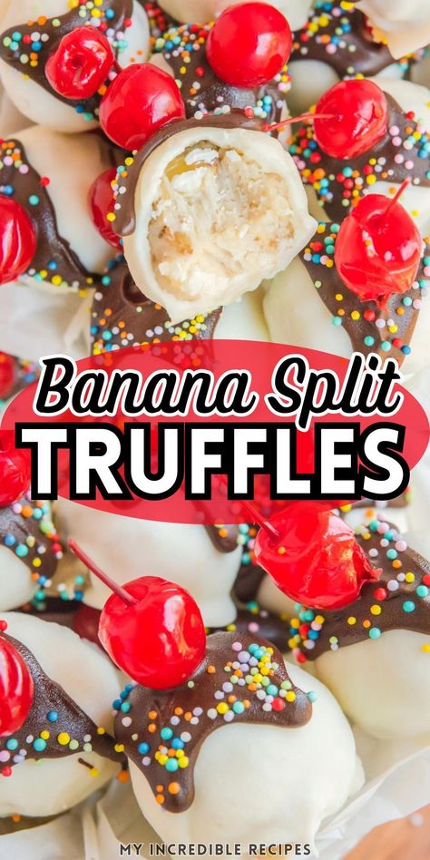 Whip up these delightful banana split truffles for a quick and easy homemade dessert that's perfect for parties or a sweet treat. This simple recipe combines the classic flavors of a banana split into bite-sized delights that both kids and adults will love. These truffles make for fantastic party food or a satisfying snack when you're craving something sweet, offering a fun twist on a beloved dessert. Try this today. Banana Split Truffles, Banana Cake Balls, Short Easy Dessert Recipes, Desserts For Homecoming, Birthday Party Desserts For Adults, Easy Desserts To Make And Sell, Sweets To Make And Sell, Strawberry Truffles Easy, Summer Flavors Desserts