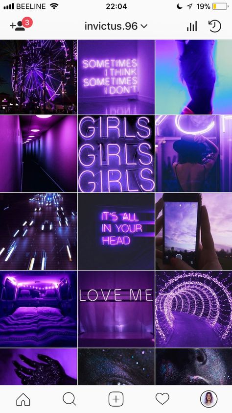 Purple Aesthetic Instagram Icon, Purple Aesthetic Instagram Feed, Night Club Instagram Feed, Neon Instagram Feed, Purple Instagram Theme, Quotes Neon Lights, Instagram Aesthetic Inspiration Feed, Instagram Party Theme, Purple Instagram Feed