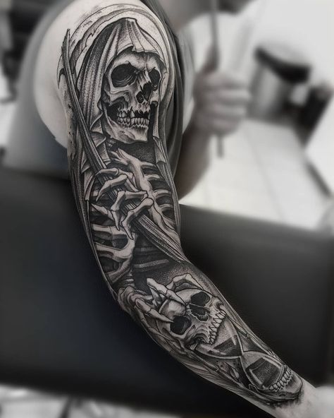 Tattoo Crane, Evil Skull Tattoo, Grim Reaper Tattoo, Reaper Tattoo, Skull Sleeve Tattoos, Skull Sleeve, Evil Tattoos, Full Arm Tattoos, Skeleton Tattoos