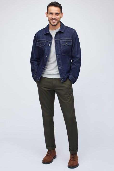 2021's Best Denim Trends For Men (And How To Wear Them) Dark Denim Jacket Outfit, Arthur Kulkov, Jean Jacket Outfits Men, Denim Jacket Men Outfit, Smart Casual Jeans, Raw Denim Jacket, Green Pants Men, Green Pants Outfit, Denim Outfit Men