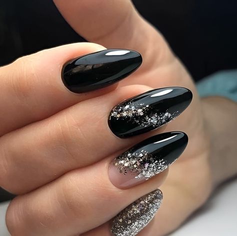 30 Mysterious And Dramatic Black Glitter Nail Designs That Are Top Glam - 248 Chip Nails, Black Almond Nails, Nagel Design, Black Nails With Glitter, Nails With Glitter, January Nails, Black Nail Designs, Nagel Inspo, Popular Nails