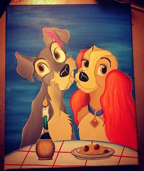 Lady and the tramp acrylic painting. Disney. Fan art. Painting Of Disney Characters, Disney Characters To Paint, Lady And The Tramp Painting, Disney Painting Ideas On Canvas, Disney Paintings On Canvas, Disney Character Paintings On Canvas, Disney Art Painting Easy, Disney Acrylic Painting, Disney Paintings Easy