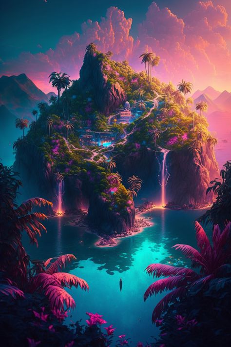 Tropical Paradise City on a Sunset Island Digital Painting Desktop Wallpaper Paradise Fantasy Art, Colorful Scenery Painting, Fantasy Tropical City, Fantasy Island Aesthetic, Tropical Fantasy Art, Fantasy Inspiration Scenery, Fantasy Tropical Island, Island Fantasy Art, Paradise Background