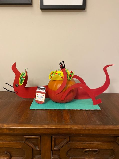 Dragons Love Tacos Pumpkin Decorating, Taco Pumpkin Decorating, Book Themed Decorated Pumpkins, Book Inspired Pumpkin Decorating, Dragon Book Character Pumpkin, Dragon Pumpkin Painting, Dragons Love Tacos Pumpkin, Book Pumpkin Project, Pumpkins As Book Characters