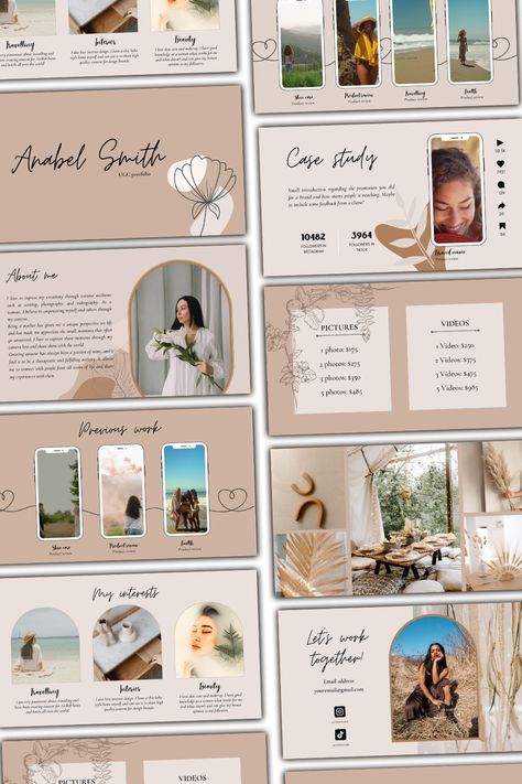 Boho portfolio template, UGC portfolio design, Canva portfolio layout, Feminine portfolio template, Beige portfolio design, Creative Canva templates, Personal portfolio theme, Showcase your work, Portfolio template for Pinterest, Pink UGC portfolio layout Portfolio Design Creative, Canva Portfolio, Digital Portfolio Template, Bio Template, Influencer Media Kit, Portfolio Theme, Colorful Website, Work Portfolio, Graphic Design Tutorials Learning