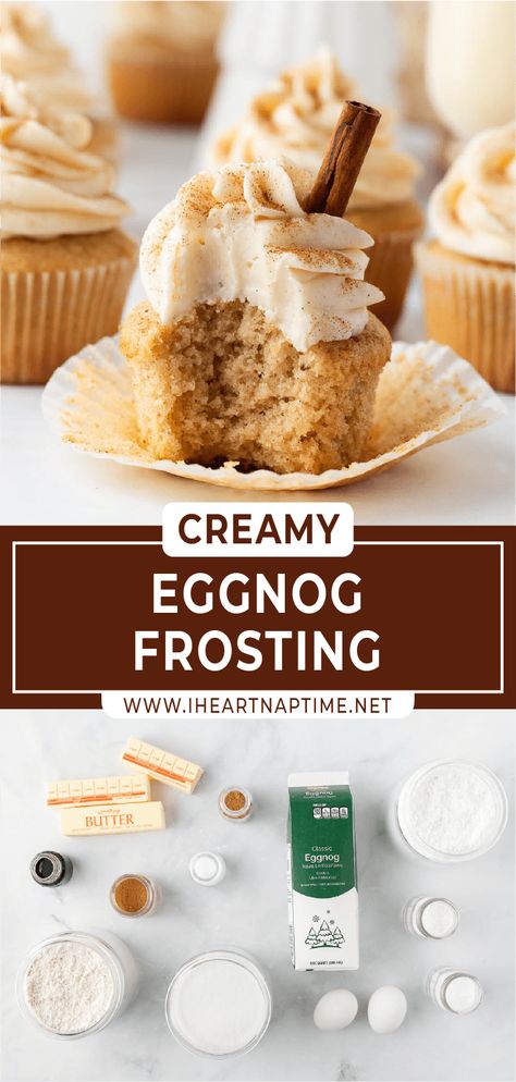 This eggnog frosting puts a happy holiday spin on a classic buttercream frosting and comes together in just 10 minutes. The perfect finishing touch for your favorite holiday desserts! Egg Nog Frosting Recipe, Egg Nog Buttercream Frosting, Egg Nog Icing, Eggnog Cream Cheese Frosting, Eggnog Icing Recipe, Eggnog Buttercream Frosting, Fair Cupcakes, Eggnog Frosting Recipe, Eggnog Icing