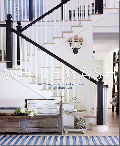 COTTAGE | FARMHOUSE | ELEGANT | HOME DECORATING BLOG Black Banister, Painted Banister, Black Stair Railing, Black Railing, White Beach House, Wood Floor Finishes, California Beach House, Black Stairs, White Stairs