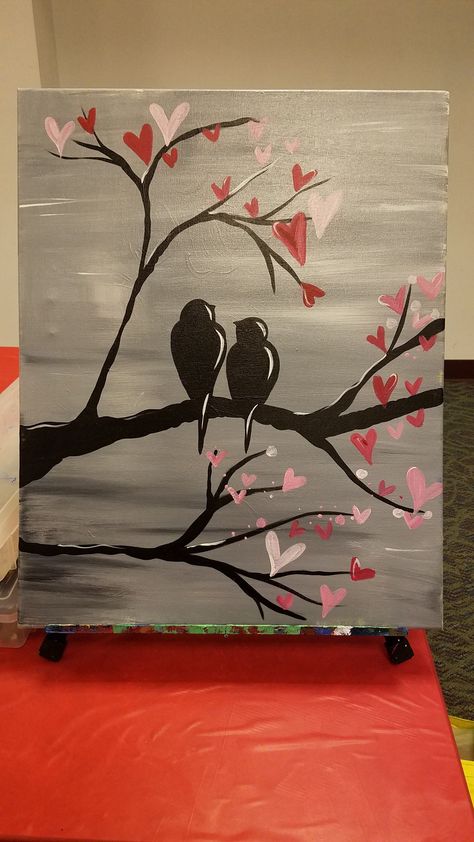 Painting For Husband, Love Birds Painting Acrylic, Love Bird Painting, Painting Ideas For Boyfriend, Paintings For Boyfriends, Love Birds Drawing, Love Canvas Painting, Love Birds Painting, Bird Paintings On Canvas