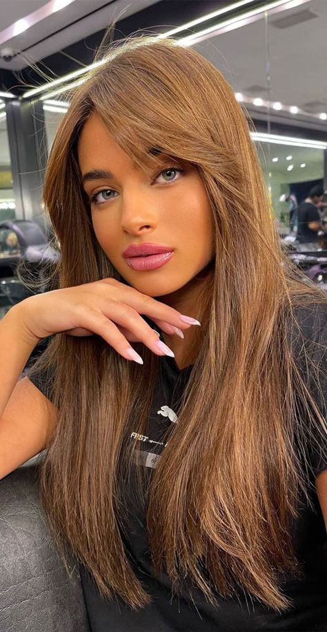 Brown Hair Brown Money Piece, Golden Brown Hair Money Pieces, Brown Hair Trends Summer 2023, Cinnamon Whiskey Hair Color, Light Cinnamon Brown Hair, Light Brown Shades Of Hair, Mixed Brown Hair Color, Hair Color For Bronze Skin, Goldish Brown Hair Color