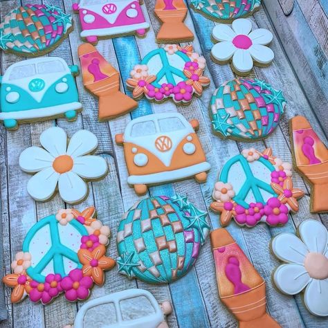 70s Party Theme Decorations, Coachella Birthday, Hippie Birthday Party, Hippie Birthday, 3rd Birthday Cakes, Iced Sugar Cookies, Sugar Cookie Designs, Cookie Inspiration, Cake Designs Birthday