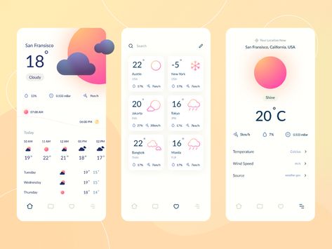 Weather Conceptual App Design by 𝒂𝒅𝒊𝒏 𝒚𝒂𝒏𝒖𝒂𝒓 🥶 for Pixelz Studio on Dribbble Travel Website Design, Ux Design Mobile, Creative Market Design, Weather Cards, Weather App, Directory Design, Webdesign Inspiration, Cute Images With Quotes, App Design Inspiration