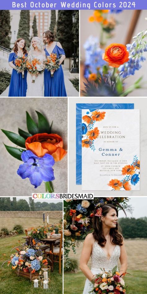 French blue and burnt orange October wedding color palettes inspirations for 2024: french blue bridesmaid dresses, white bridal gown, burnt orange wedding bouquets, french blue and burnt orange wedding corsages, wedding invitations with french blue and burnt orange patterns, outdoor decorations with french blue and burnt orange flowers.#weddingcolors #weddingideas #fallweddings #octoberweddings #colsbm #2024 #bridesmaiddresses #bluewedding #frenchblueburntorange French Blue Bridesmaid Dress, October Wedding Colors, Navy Blue Wedding Theme, Burgundy Wedding Centerpieces, Orange Wedding Bouquet, Burnt Orange Wedding, Orange Wedding Colors, Wedding Space, Rusting Wedding