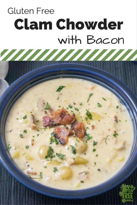 Gluten Free Clam Chowder with Bacon is the perfect way to warm up during the winter! Creamy, hearty and flavorful, it is the perfect soup! via @glutenfreemiami Gluten Free Clam Chowder Recipe, Gluten Free Clam Chowder, Healthy Winter Recipes Dinner, Winter Baking Recipes, Clam Chowder Recipe, Healthy Winter Meals, Slow Cooker Ham, Winter Cooking, Chowder Recipe