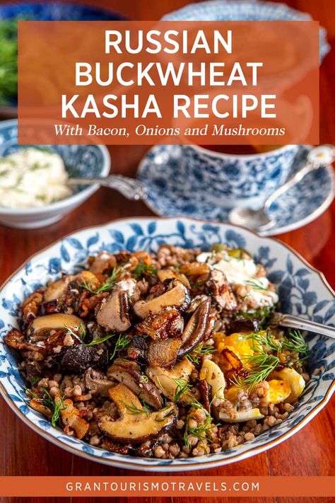 Russian Buckwheat Kasha Recipe Russian Buckwheat, Kasha Recipe, Recipe With Onions, Russian Breakfast, Mushrooms Soup, Buckwheat Flour Recipes, Recipe With Bacon, Caramelized Onions Recipe, Caramelised Onions