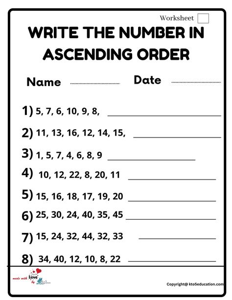 Write The Number In Ascending Order Worksheet 2 | FREE Download Check more at https://kto5education.com/write-the-number-in-ascending-order-worksheet-2/ Asending Desending Worksheet, Ascending Order Worksheet Grade 1, Ascending Order Worksheet, Ukg Maths Worksheets, Ascending Order, Easy Math Activities, Kindergarten Math Worksheets Addition, Math Fact Worksheets, Worksheets For Class 1