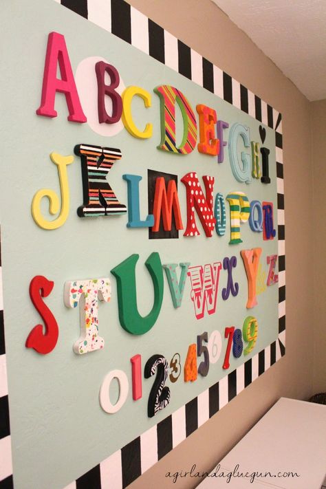 My new Abc wall with FrogTape® - A girl and a glue gun #paintontextures #ad Kids Tv Room, Abc Wall, Daycare Decor, Preschool Rooms, Sensory Board, Pencil Gift, Alphabet Wall, Home Daycare, Daycare Ideas