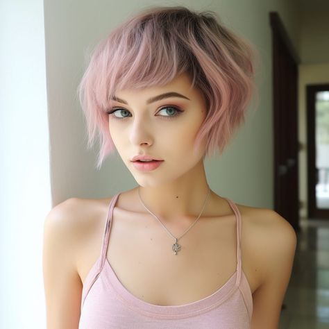 50 Chic Ombre Short Haircuts for a Stylish Transformation Pink Long Pixie, Purple Pink Short Hair, Pink And Purple Pixie Hair, Short Hair Cuts With Bangs For Woman, Short Edgy Hair Color, Bangs And Shaved Sides, Pink Highlights Short Hair, Pink Hair With Shadow Root, Short Pink Hair With Bangs