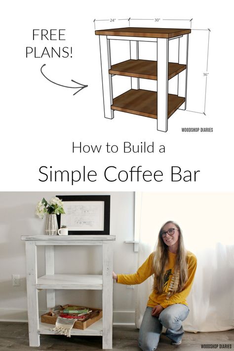 Build your own easy DIY coffee bar table with these free building plans! Simple DIY coffee station table perfect for small space in kitchen or dining area. Small Coffee Bar Table, Coffee Bar Plans Diy, Simple Diy Coffee Bar, Diy Wood Coffee Bar, Small Diy Coffee Bar, Easy Diy Coffee Bar, Diy Coffee Bar Small Space, Wooden Coffee Station, Coffee Bar Ideas Diy Small Spaces