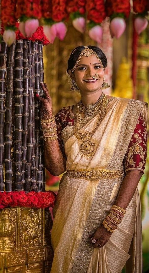 All-Gold Pattu SareeWith Deep Maroon Blouse. Source: Vipin Photography Gold Saree With Maroon Blouse, Cream And Maroon Saree, Maroon Blouse Designs Bridal, Latest Pattu Saree Designs, Maroon Pattu Saree, Gold Pattu Saree, Pattu Saree Designs, Pelli Sarees, Muhurtham Saree