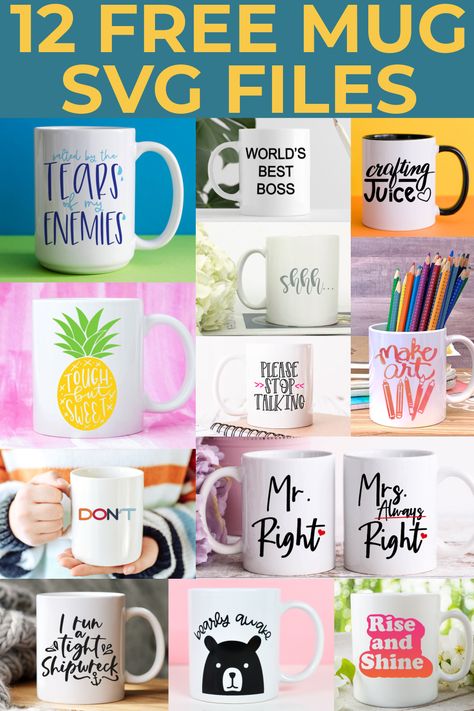 Get 12 free mug SVG files and use them to update your coffee cups with your Cricut machine! #cricut #svg #freesvg Juice Crafts, Diy Mug Designs, Mrs Always Right, Mug Svg, Country Chic Cottage, Diy Mugs, Mug Press, Infusible Ink, Cricut Joy