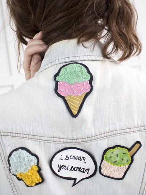 DIY custom patches with a sweet twist - they're all about ice cream! Make Your Own Patch, Badges Ideas, Diy Patches Embroidery, Patches Clothes, Embroidery Stitches Beginner, Embroidery Tips, Patch Jacket, Crafting Inspiration, Applique Work