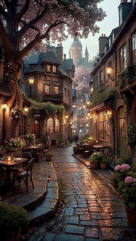 Cool Scenery Photography, Street Light Painting, Cozy Scenery, Regal Aesthetic, Fairytale Village, Enchanted Places, Cobblestone Street, Pretty Landscapes, Fantasy House