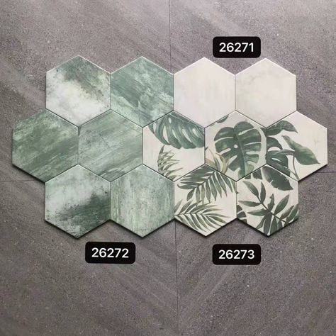 Leaf Tile Floor, Green Hexagon Tile Bathroom, Green Hexagon Tile, Hexagon Bathroom, Hexagon Tile Bathroom, Balcony Tiles, Flooring Designs, Rustic Tile, Balcony Flooring