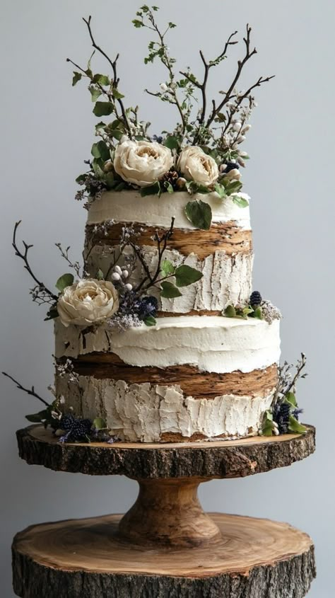 Rustic Wedding Cake Designs, Wedding Nature Theme, Wedding Cake Romantic Elegant, Rustic Cake Design, Woods Wedding Ideas, Wedding Over 40, Nature Wedding Cake, Simple Rustic Wedding Cake, Woodsy Wedding Cake