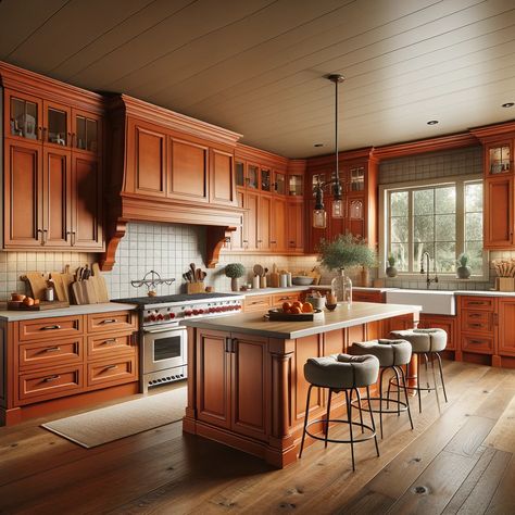 rusty orange farmhouse kitchen cabinets Rust Colored Kitchen Cabinets, Orange Wood Cabinets, Burnt Orange Kitchen Cabinets, Best Cabinet Colors, Burnt Orange Kitchen, Orange Farmhouse, Orange Cabinets, Purple Cabinets, Colored Kitchen