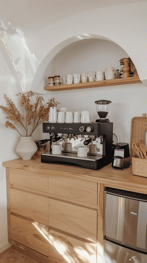 35+ Coffee Bar Ideas For Your Home Boho Break Room, Spa Coffee Station, Nespresso Station Ideas, Waiting Room Coffee Station, Nook Bar Ideas, Salon Coffee Station, Spa Coffee Bar, Bar Set Up At Home, Coffee Set Up