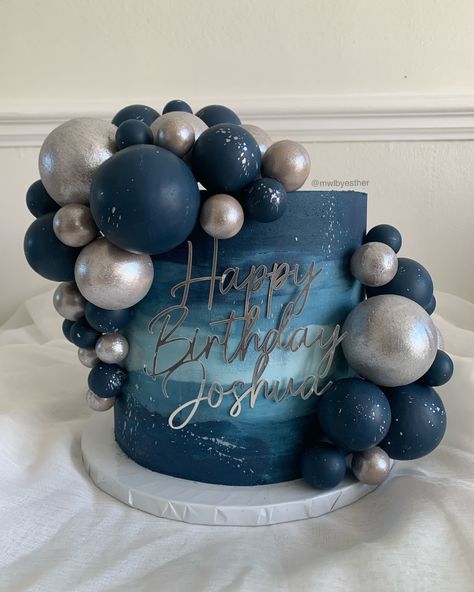 Blue & silver 💙🩶✨ A stunning blue ombré cake with navy and silver chocolate-covered foam balls, designed to make Joshua’s birthday extra special! 🎉 #luxurycakes #happybirthday #birthdaycelebration #cakeart #cakestagram #redvelvet #madewithlovebyesther Blue Men Cake, All Blue Birthday Party, Silver And Blue Birthday Cake, Denim And Diamonds Birthday Cake, Manly Birthday Cake, Shades Of Blue Birthday Party Ideas, Birthday Cake For Women Blue, Blue Birthday Cake For Men, 17th Birthday Cake Boy