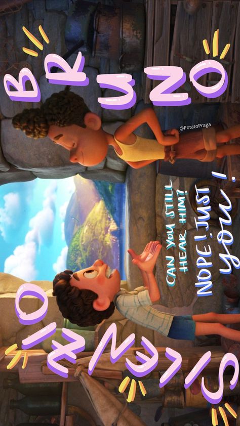 Still from the movie Luca with Luca and Alberto looking out through tower window at the town from a distance. Luca is excited and incredulous, Bruno is proud and smug. The quote art around them says “SILENZIO BRUNO” and between them are the words “Can you still hear him? Nope, just you!” Luca Movie Quotes, If Movie 2024, Luca Background, Luca Poster, Luca Aesthetic, Pixar Aesthetic, Luca Wallpaper, Luca Movie, Pixar Poster