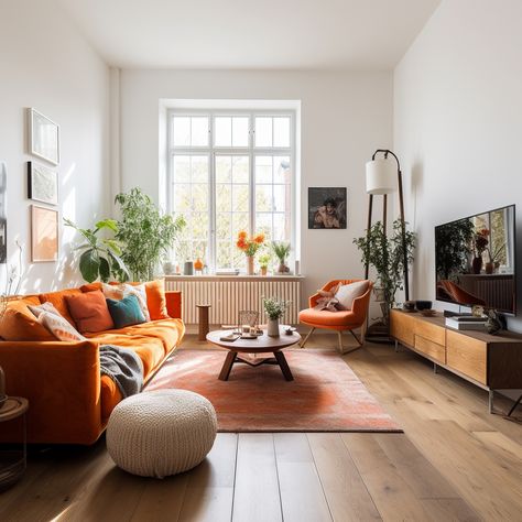 Mid Century Modern Small Space, Mcm Living Room Apartment, Sweden Interior Design, Living Room Designs Scandinavian Style, Spacious Living Room Ideas, Living Room Orange Accents, Colorful Mid Century Modern Living Room, Japandi Eclectic, Modern 70s Living Room