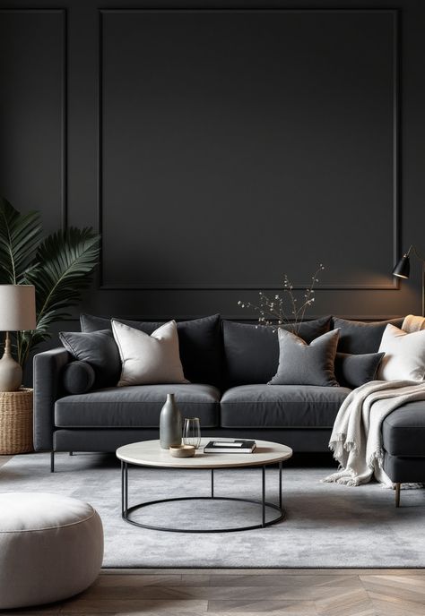 Dark Grey Couch Living Room Ideas Dark Wall With Dark Furniture, Gray Velvet Sofa Living Room Ideas, Charcoal Velvet Sofa, Dark Grey Velvet Sofa Living Room Ideas, Grey Sofa Grey Walls, Modern Living Room Grey Walls, Living Room Charcoal Couch, Grey And White Living Room Ideas Modern, Charcoal Gray Living Room