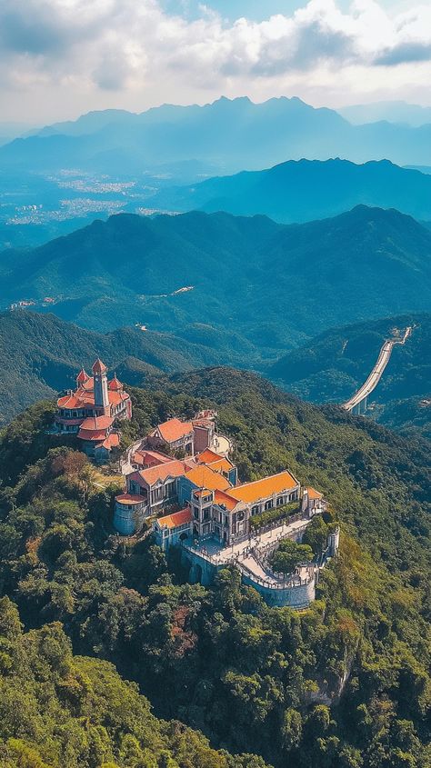 The Golden Bridge in Ba Na Hills surrounded by lush green mountains under a clear sky. Travel Wallpaper Aesthetic, Vietnam Resorts, Ba Na Hills, Vietnam Vacation, Unique Vacation Rentals, Vietnam Hotels, Oceanfront Vacation Rentals, Golden Bridge, Pet Friendly Vacations