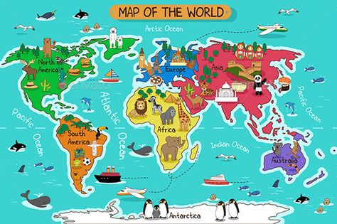 Map of the World (Vector EPS, CS, africa, animals, antarctica, arctic, asia, atlas, australia, background, cartoon, clip-art, clipart, country, culture, drawing, europe, illustration, landmark, map, modern, north america, ocean, sea, south america, vector, wallpaper, world) Map Wall Mural, Kids World Map, The World Map, World Map Wallpaper, World Map Canvas, Map Wallpaper, Map Of The World, Cartoon World, World Map Wall