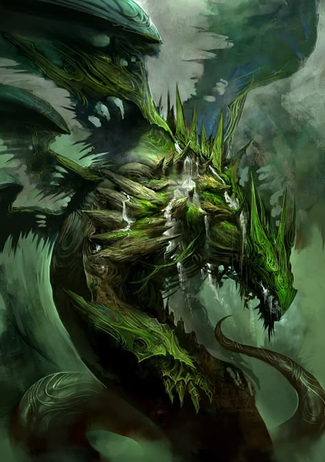 Concept art for the Elder Plant Dragon Mordremoth in Guild Wars 2. Cool Dragons, Guild Wars, 다크 판타지, Dragon Pictures, Green Dragon, Fantasy Monster, Dragon Artwork, Mythological Creatures, Fantasy Dragon